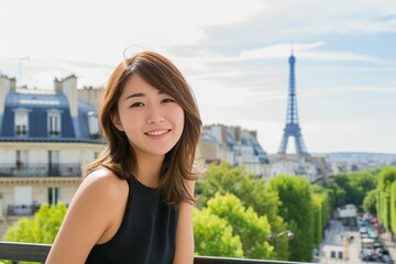 パリ・フランスの旅行を楽しむ日本人女性（旅行・旅・観光・オリンピック・応援）