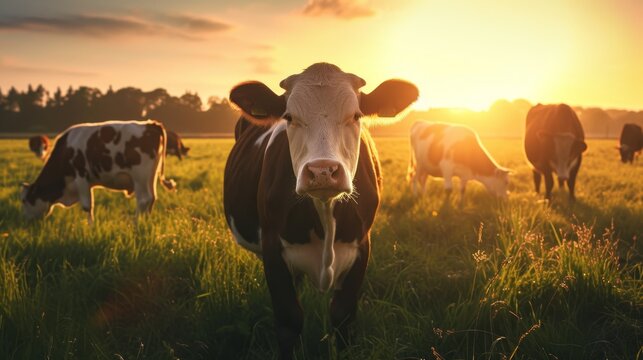 Cows in Field at Sunset