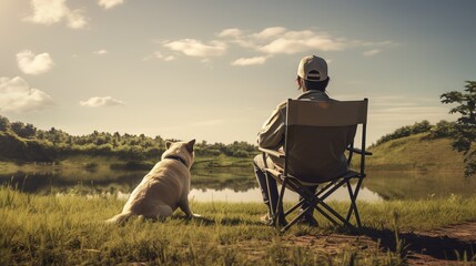 A lone sitting with his back on camping chair with the big dog Generative AI
