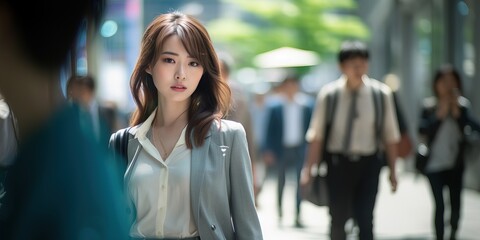 Young  Japanese office lady walking around town near office towers Generative AI