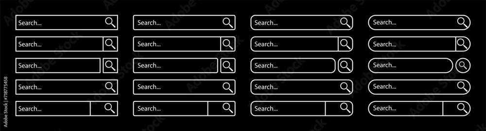 Poster set of simple white linear search bars, browser search box and web search engines vector on black ba