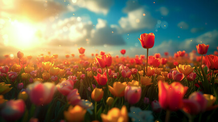 Fototapeta premium panorama of tulip field in sunset light and blue sky, spring banner