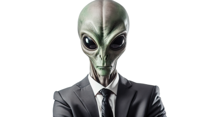 Alien in businessman suit on white background