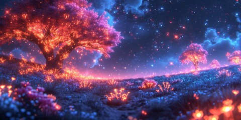 Obraz na płótnie Canvas Glowing Tree in a Pink Sky: A Neon-Lit Nighttime Scene Generative AI
