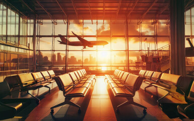 Airport departure hall with empty waiting seats. Plane at sunrise background. Travel and transportation concept