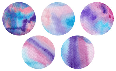 Set of watercolor circle backgrounds in bright colors (pink, purple, violet, blue). Abstract neon bright background. Stylish hand-drawn elements for design, social media, and logos.