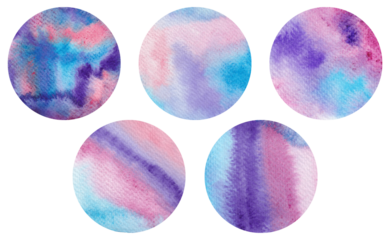 Set of watercolor circle backgrounds in bright colors (pink, purple, violet, blue). Abstract neon bright background. Stylish hand-drawn elements for design, social media, and logos.