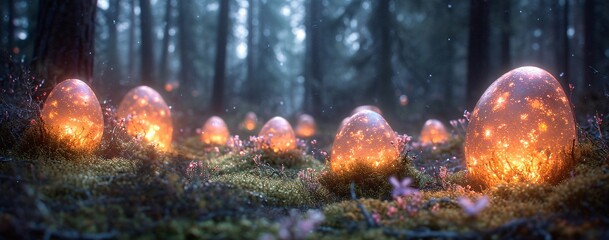 Glowing Eggs in a Forest: A Magical Easter Egg Hunt Generative AI