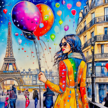 girl with balloons in Paris