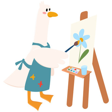 Cute goose painting a flower on an easel.  Art is therapy. Used for greeting card, and poster design.