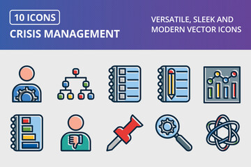 Crisis Management Thick Line Filled Dark Colors Icons Set