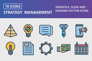 Strategy And Management Thick Line Filled Dark Colors Icons Set