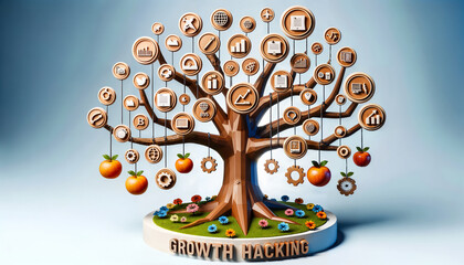 Digital tree with branches reaching out to various icons representing tools and strategies. Hanging from the tree are fruits labeled with metrics, and Growth Hacking is carved into the trunk