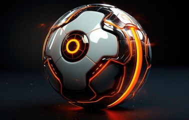A futuristic soccer ball with mechanical components, blending technology and sports innovation.