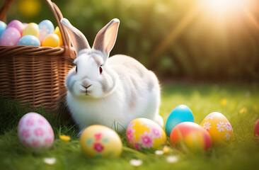 A cute white rabbit is sitting near a basket with colorful eggs, colored eggs on the grass, bright sunlight. Happy Easter
