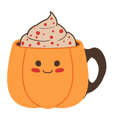 Cup of cute autumn sweet drink character. Cartoon drink vector illustration.