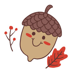 Illustration of cute acorn and autumn dry leaves Cartoon plant vector illustration