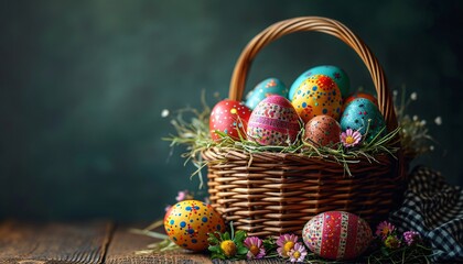 Easter Eggstravaganza - A basket filled with colorful, polka-dotted eggs, ready for the Easter celebration. Generative AI