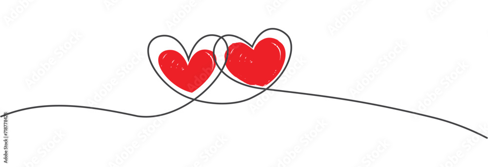 Poster continuous line heart shape border with painted red heart on white and transparent background. valen