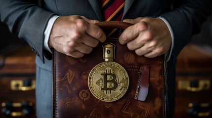 Person holding a bitcoin leather  suitcase, moneybag