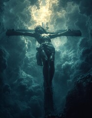 Crucifixion in the Sky: A Dark and Stormy Night Generative AI - obrazy, fototapety, plakaty