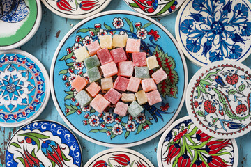 Colorful Turkish Delights (Türk Lokumu) Ottoman Cuisine Dessert Background Photo, Uskudar Istanbul, Turkiye (Turkey)