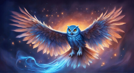 Fantasy blue colored owl with wings spread.
