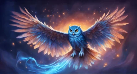 Gordijnen Fantasy blue colored owl with wings spread. © saurav005