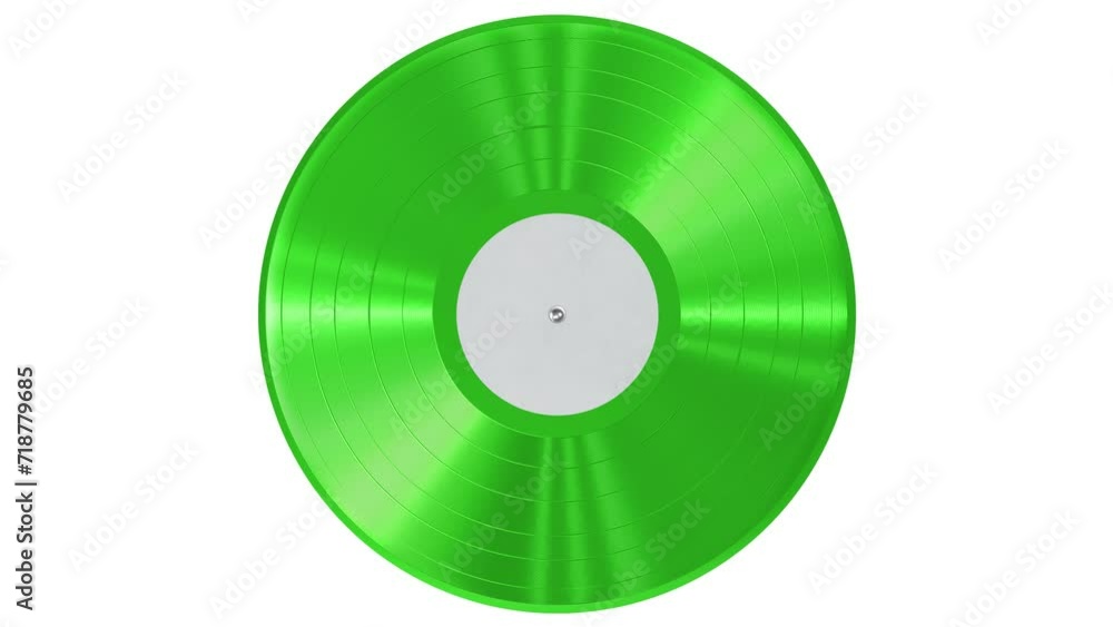 Poster realistic seamless looping 3d animation of the spinning single fancy green vinyl record with a blank