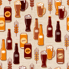 Seamless pattern with icons of beer bottle, cans, beer drink glasses, barley spikes on jute textured background. Good for branding, decoration of beer package, decorative print. Simple flat style