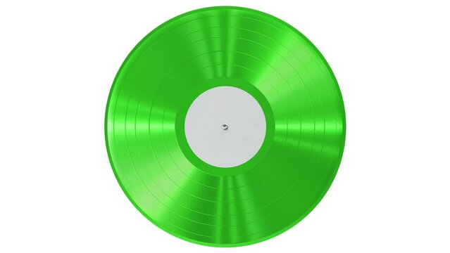 Realistic seamless looping 3D animation of the spinning single fancy green vinyl record with a blank white label rendered in UHD as motion background