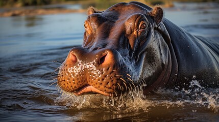 Angry hippo (Hippopotamus amphibius), hippo with a wide open mouth displaying dominance,