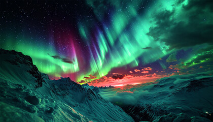 Fototapeta premium Northern lights amazing colorful lights in the sky. Multi colored, Green,pink and purple. Magical nature landscape. Amazing Aurora borealis Northern lights. Amazing night scene Polar sky