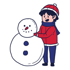 illustration of a boy is having fun making a snowman . winter activity, cartoon flat vector illustration