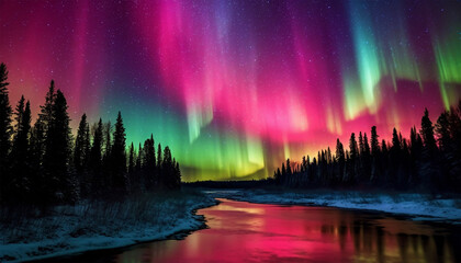 Northern lights amazing colorful lights in the sky. Multi colored, Green,pink and purple. Magical nature landscape. Amazing Aurora borealis Northern lights. Amazing night scene Polar sky