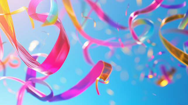 abstract wonder and joy colorful rainbow ribbons in the sky blue background