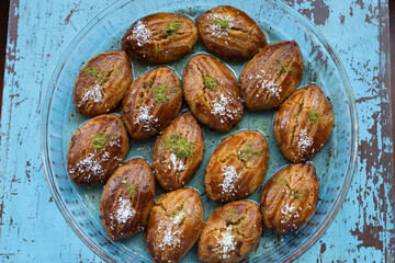 Traditional Turkish Pistachio Sugarpare (Fistikli Sekerpare) Turkish Dessert Background Photo, Üsküdar Istanbul, Turkiye (Turkey)