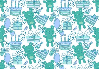 Cartoon animals seamless birthday party with bears and balloons and cake and gift box pattern for wrapping