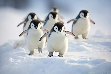 A group of energetic baby penguins sliding down a snowy slope, their joyful expressions captured in a moment of pure delight against a polar backdrop.