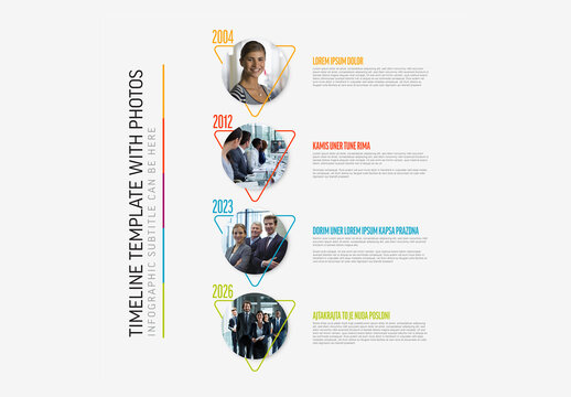 Vertical timeline template with photos in circle frames and triangle arrow border