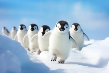 A group of energetic baby penguins sliding down a snowy slope, their joyful expressions captured in a moment of pure delight against a polar backdrop.