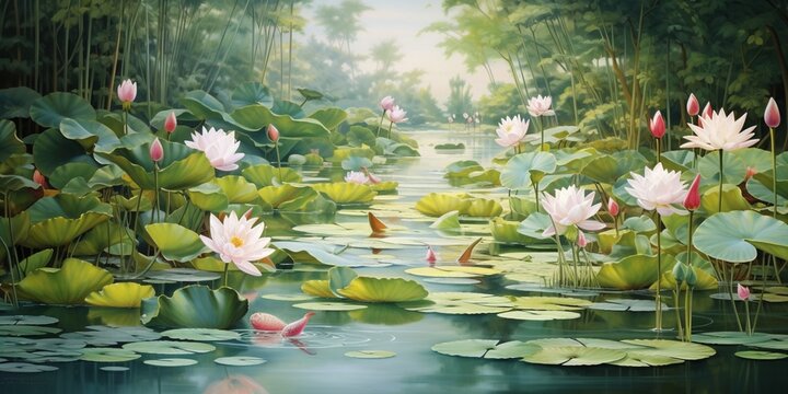 A peaceful pond surrounded by lotus flowers, where a family of ducks swims, and dragonflies dart above the water's surface.