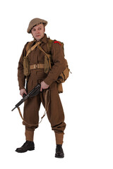 The man is an actor in vintage military uniform of the American soldier, period World War I, 1914-1918