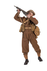 The man is an actor in vintage military uniform of the American soldier, period World War I, 1914-1918