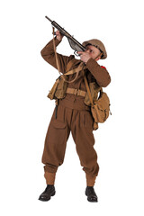 The man is an actor in vintage military uniform of the American soldier, period World War I, 1914-1918