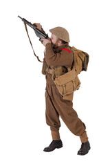 The man is an actor in vintage military uniform of the American soldier, period World War I, 1914-1918