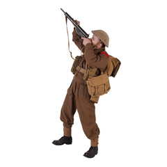 The man is an actor in vintage military uniform of the American soldier, period World War I, 1914-1918