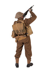 The man is an actor in vintage military uniform of the American soldier, period World War I, 1914-1918