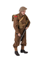 The man is an actor in vintage military uniform of the American soldier, period World War I, 1914-1918