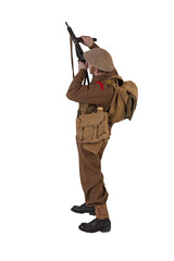 The man is an actor in vintage military uniform of the American soldier, period World War I, 1914-1918